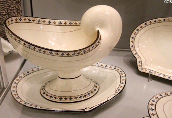 Queen's Ware dessert service dishes in shape of nautilus & scallop sea shells with pattern 384 enameled trim (1785-90) by Wedgwood at World of Wedgwood. Barlaston, Stoke, England.