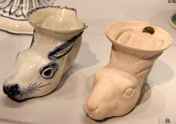 Factory models of stirrup cups in form of hare's head (c1779-85) at World of Wedgwood. Barlaston, Stoke, England.