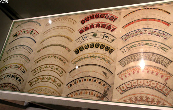 Samples of Wedgwood dinnerware edging which clients could order (1770s-1800) at World of Wedgwood. Barlaston, Stoke, England.