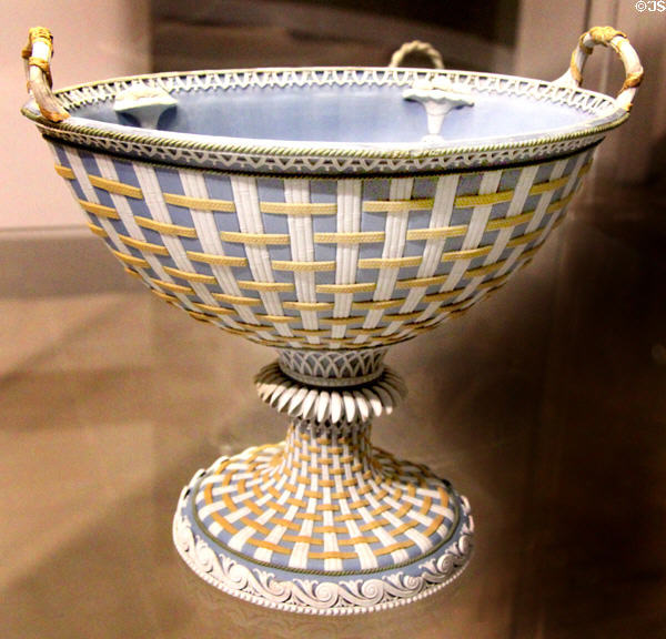 Wedgwood blue jasper footed bowl centerpiece with white & yellow weaving (1785-90) at World of Wedgwood. Barlaston, Stoke, England.
