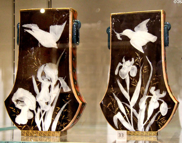 Wedgwood banjo shape vases decorated with birds & irises (c1875) by Frederick Rhead at World of Wedgwood. Barlaston, Stoke, England.