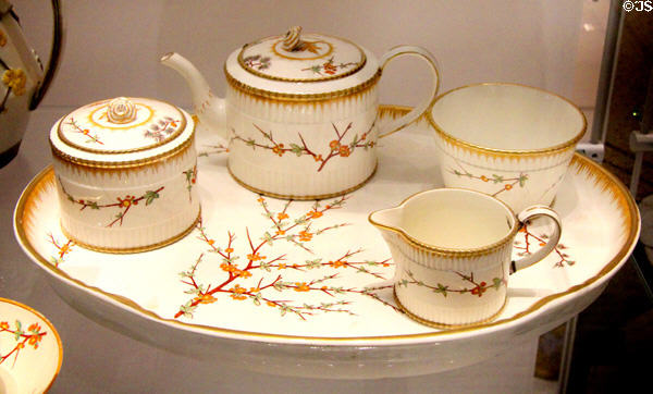 Wedgwood Queen's Ware tea set on tray in Brewster shape printed with Japonica pattern (1878-80) at World of Wedgwood. Barlaston, Stoke, England.