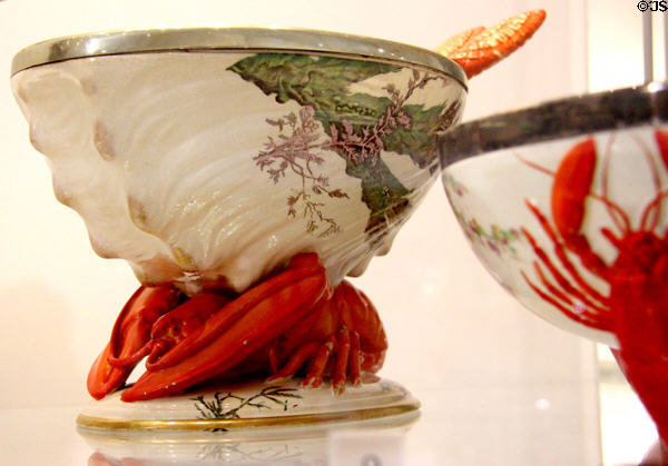 Wedgwood earthenware salad bowl decorated with lobsters (1883-6) at World of Wedgwood. Barlaston, Stoke, England.