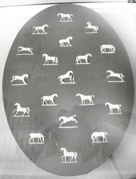 Plaque with 19 horse studies (c1920) by Edward Burch of Wedgwood after work of George Stubbs to mark Stubbs' history with Wedgewood at World of Wedgwood. Barlaston, Stoke, England.