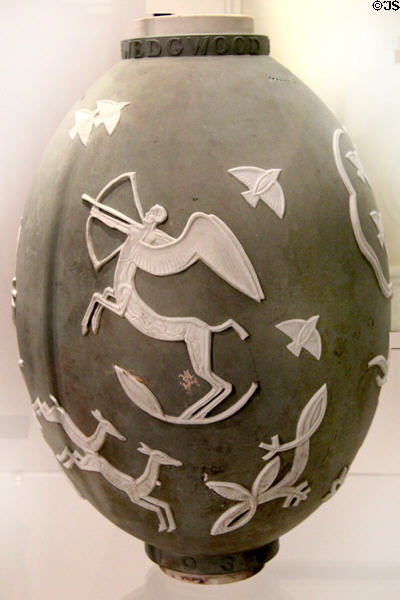 Wedgwood Bicentenary Competition vase shows relief of centaur with bow & arrow (1930) by Emmanuel Tjerne at World of Wedgwood. Barlaston, Stoke, England.