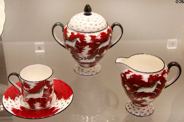 Wedgwood bone china coffee service with red Persian Ponies (1934) by Victor Skellern at World of Wedgwood. Barlaston, Stoke, England.