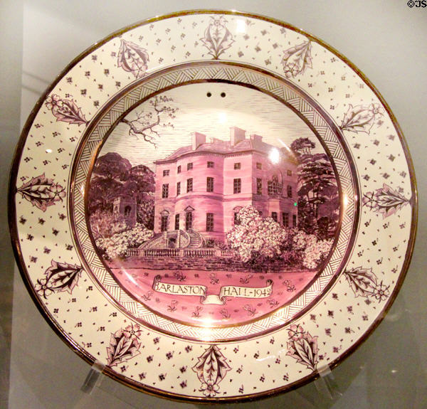 Wedgwood earthenware hand-painted luster presentation charger shows Barlaston Hall (1942) by Alfred Powell at World of Wedgwood. Barlaston, Stoke, England.