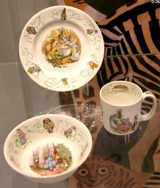 Wedgwood Queen's Ware Peter Rabbit nursery dishes (after 1947) after Beatrix Potter at World of Wedgwood. Barlaston, Stoke, England.
