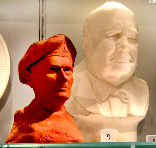 Terra cotta bust of 1st Viscount Montgomery of Alamein (Monty) & parian bust of Winston Churchill (post WWII) both by Oscar Neumon for Wedgwood at World of Wedgwood. Barlaston, Stoke, England.