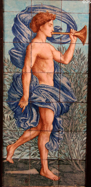 Trumpeter painted ceramic tile panel (1865-82) by William De Morgan. England.