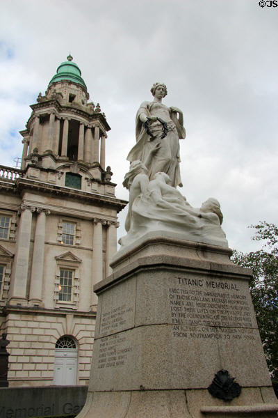Titanic Memorial sculpture (1920) by Sir Thomas Brock commemorates lives lost in sinking of RMS Titanic on April 15, 1912 on grounds of Belfast City Hall. Belfast, Northern Ireland.