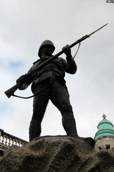 Royal Irish Rifles soldier on Boer War Memorial sculpture (1905) by Sydney March on grounds of Belfast City Hall. Belfast, Northern Ireland.