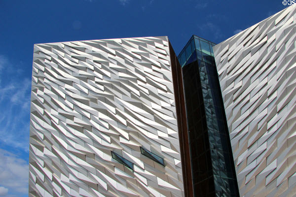 Reflective metallic skin of Titanic Belfast building. Belfast, Northern Ireland.