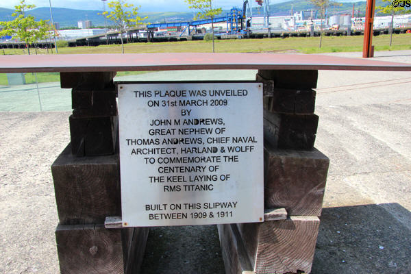 Plaque marks spot where keel laying ceremony for Titanic (1909) at Harland & Wolff shipyard. Belfast, Northern Ireland.