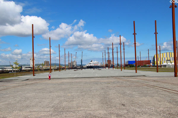 Poles mark slipway where Titanic was built (1909) at Harland & Wolff shipyard. Belfast, Northern Ireland.
