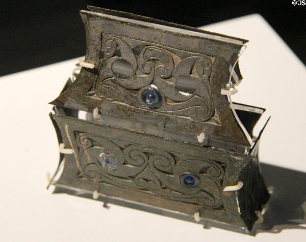 Wearable Clonmore shrine (late 7thC) to carry relic of Christian saint but modeled upon pre-Christian tomb design from Armagh at Ulster Museum. Belfast, Northern Ireland.
