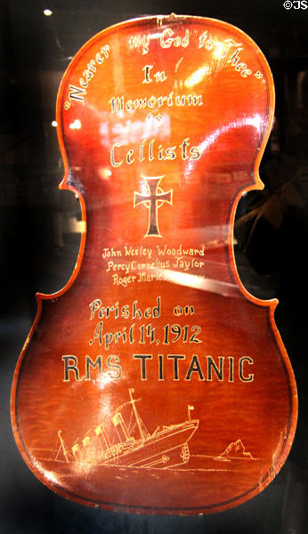 Cello back in memoriam to Titanic orchestra from memorial concert in London (May 24, 1912) at Ulster Transport Museum. Belfast, Northern Ireland.