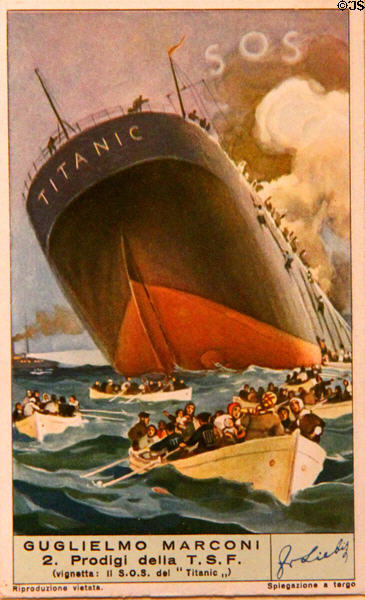 Titanic SOS poster published by Marconi company at Ulster Transport Museum. Belfast, Northern Ireland.