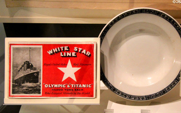 White Star booklet promoting Titanic & Olympic plus plate from Ellis Island at Ulster Transport Museum. Belfast, Northern Ireland.
