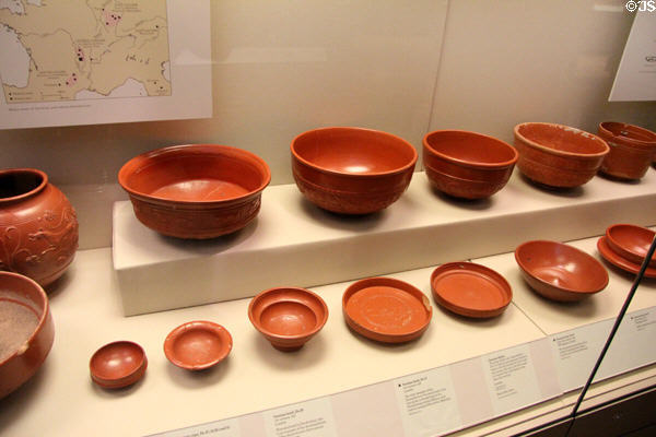 Collection of Roman era Samian Ware, red-gloss pottery made in Gaul & imported in large amounts to Britain (from Roman conquest to 2ndC CE) at British Museum. London, United Kingdom.