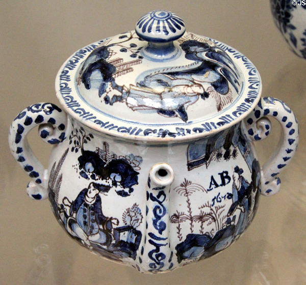 Tin-glazed earthenware posset pot in Chinese style (1670) from Southwark, London at British Museum. London, United Kingdom.