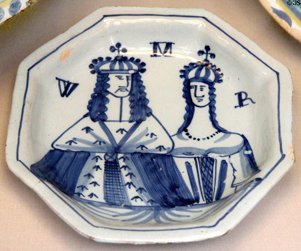 Tin-glazed earthenware octagonal plate with William III & Queen Mary II (c1690) from Southwark, London at British Museum. London, United Kingdom.