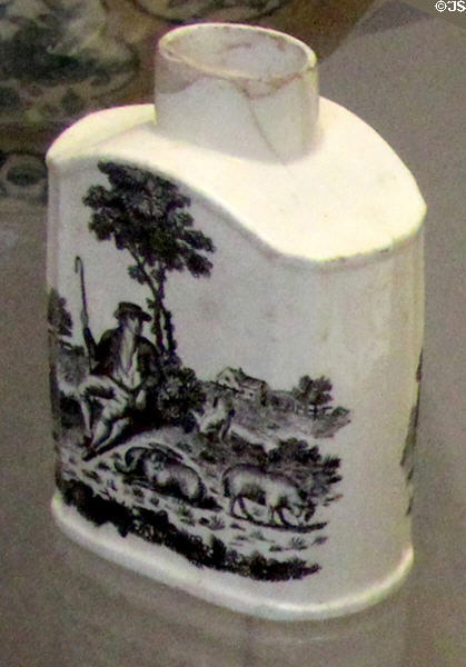 Transfer printed creamware tea caddy (c1765) by Wedgwood from Staffordshire at British Museum. London, United Kingdom.