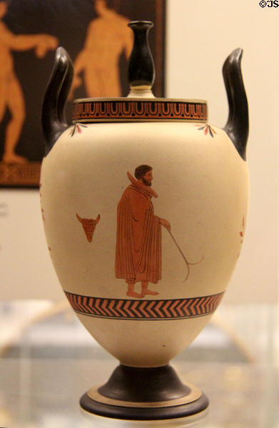 Wedgwood Caneware vase with red decoration copied from two ancient Greek vases (c1785-95) by Etruria factory at British Museum. London, United Kingdom.