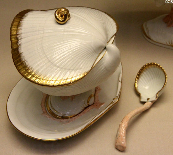 Wedgwood earthenware shell-shaped cream bowl & ladle (c1815) at British Museum. London, United Kingdom.