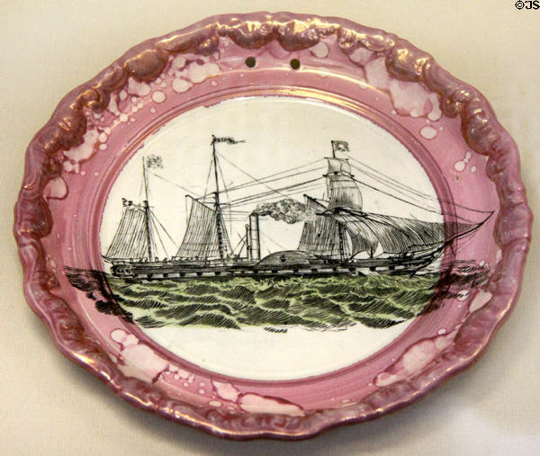 Earthenware plate with Trident paddle steamer with lustre rim (1842) by Moore & Co, Sunderland at British Museum. London, United Kingdom.