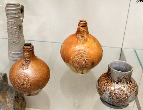 Collection of stoneware tankards, Bartmann jugs & jugs (1590s) from Germany at British Museum. London, United Kingdom.
