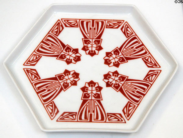 Porcelain hexagonal plate (c1901) by Peter Behrens & made by Gebrüder Bauscher of Germany at British Museum. London, United Kingdom.