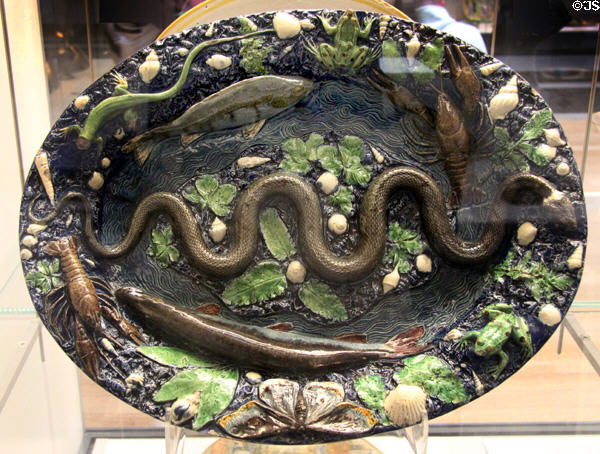 Earthenware dish with snake, eel, fish, flora & fauna (1575-1600) by workshop of Bernard Palissy of Paris at British Museum. London, United Kingdom.