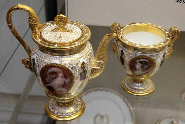 Porcelain coffee pot & sugar bowl with cameo portraits (1845) painted by N-M. Moriot & made by Sevres Manuf. at British Museum. London, United Kingdom.