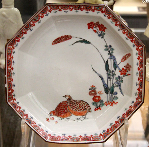 Porcelain octagonal plate painted with quail & millet in Kakiemon style (1670-90) from Japan at British Museum. London, United Kingdom.