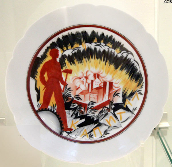 Russian porcelain plate with Trampling of Capitalism design (1921) by M. Adamovich for SPF at British Museum. London, United Kingdom.