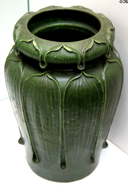 Grueby Faience vase (1897-8) by George Prentiss Kendrick for Grueby Pottery of Boston at British Museum. London, United Kingdom.