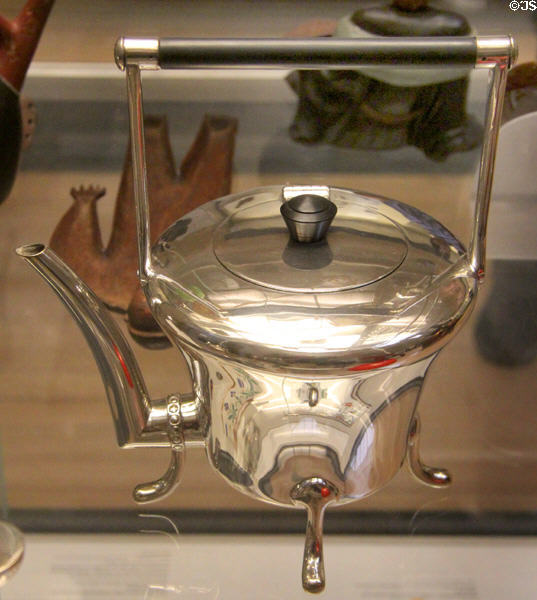 Electroplate kettle with angular spout (1878) by Christopher Dresser made by Hukin & Heath of Birmingham & London, England at British Museum. London, United Kingdom.