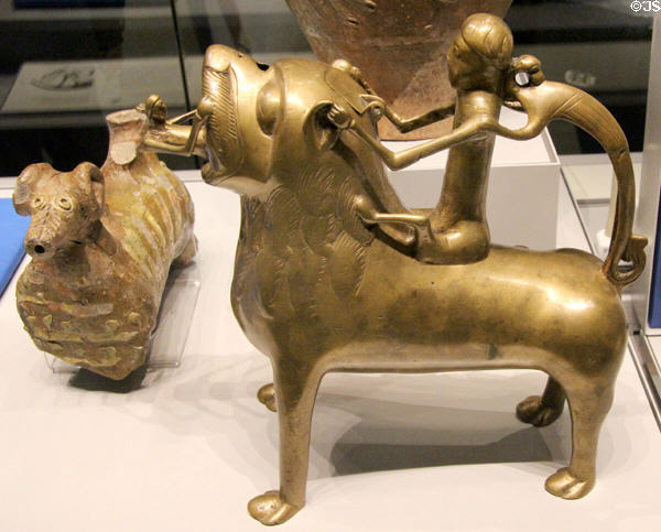 Bronze lion aquamanile ridden by human & dog (c1400-1500) from Germany at British Museum. London, United Kingdom.