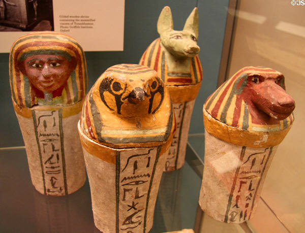 Four painted wooden dummy Canopic jars (too small for actual organs) (25th Dynasty - c700 BCE) at British Museum. London, United Kingdom.