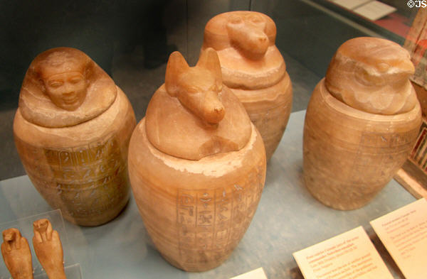 Four calcite Canopic jars (26th Dynasty - c570-525 BCE) from Saqqara at British Museum. London, United Kingdom.