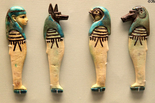 Faience amulets of sons of Horus (26th Dynasty - c664 BCE or later)at British Museum. London, United Kingdom.