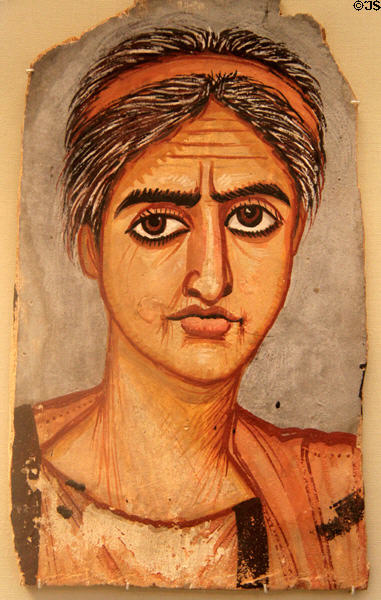 Mummy portrait of woman painted in encaustic on wood (Roman times c300-325 CE) from El-Rubajat in Fayum at British Museum. London, United Kingdom.