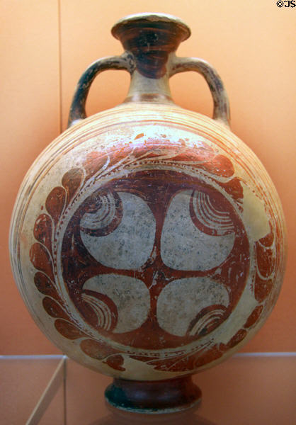 Minoan pottery globular flask with wheel & leaf patterns (1400-1350 BCE) found in Maroni, Cyprus at British Museum. London, United Kingdom.