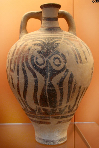 Minoan pottery stirrup-jar with octopus (1300-1250 BCE) found in tomb, Kourion, Cyprus at British Museum. London, United Kingdom.