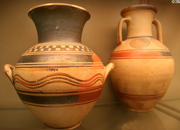 Proto Geometric amphora with checker board & wavy line design (950-900 BCE) plus amphora with concentric circles (975-950 BCE) both made in Athens at British Museum. London, United Kingdom.