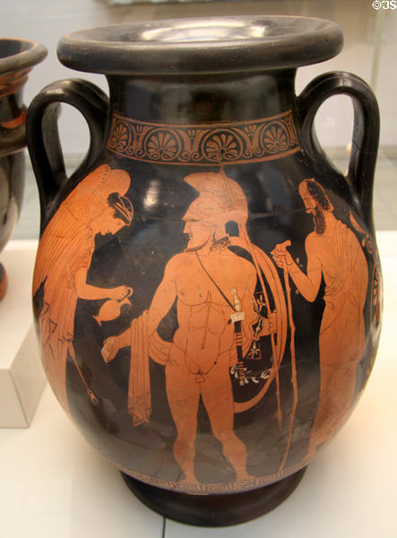 Greek terracotta red figure amphora with goddess Nike pouring libation for Trojan hero Lykaon (c440 BCE) attrib. to Lykaon painter made in Athens at British Museum. London, United Kingdom.
