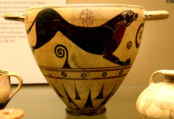 Protocorinthian pottery skyphos (drinking cup) painted with running hour (680-650 BCE) made in Corinth from Camirus, Rhodes at British Museum. London, United Kingdom.