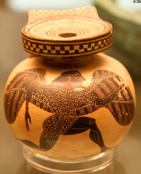 Middle Corinthian pottery Aryballos (oil or perfume bottle) with winged figure (600-575 BCE) from Corinth at British Museum. London, United Kingdom.
