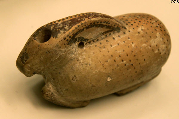 Terracotta scent bottle in form of hare (600-550 BCE) from Corinth at British Museum. London, United Kingdom.